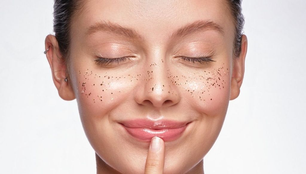 donna sorridente pelle luminosa labbra carnose dito sulle labbra sorridenti lentiggini glitter