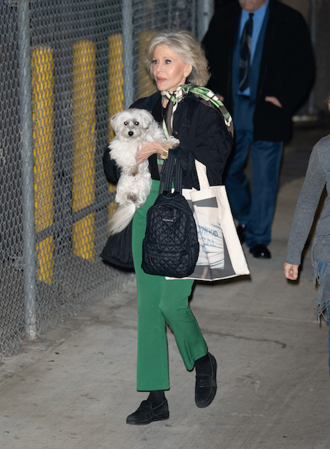 Jane Fonda con il foulard e pantaloni verdi