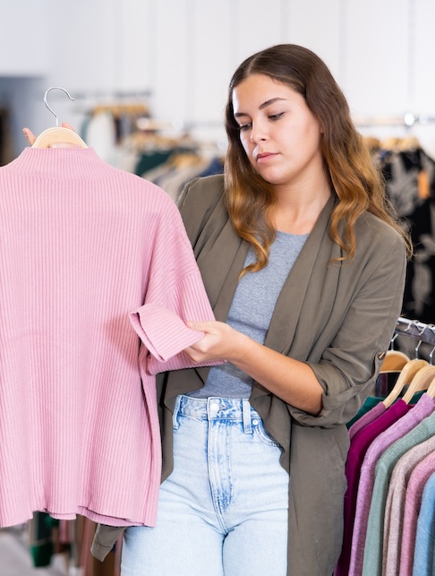 ragazza che prova un maglione rosa