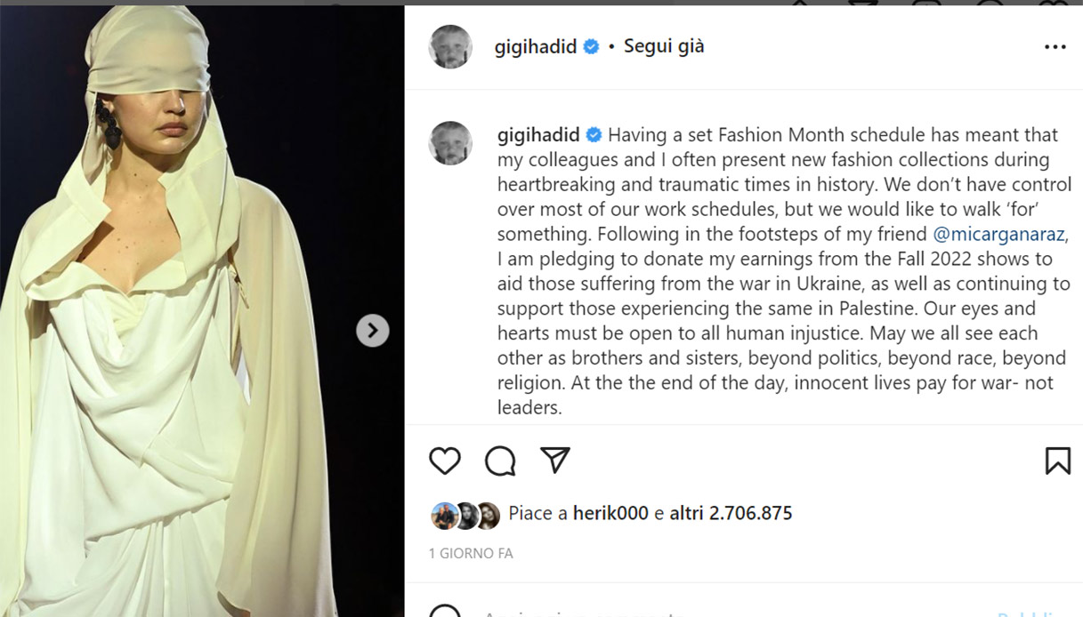 Gigi Hadid: cachet devoluto all'Ucraina