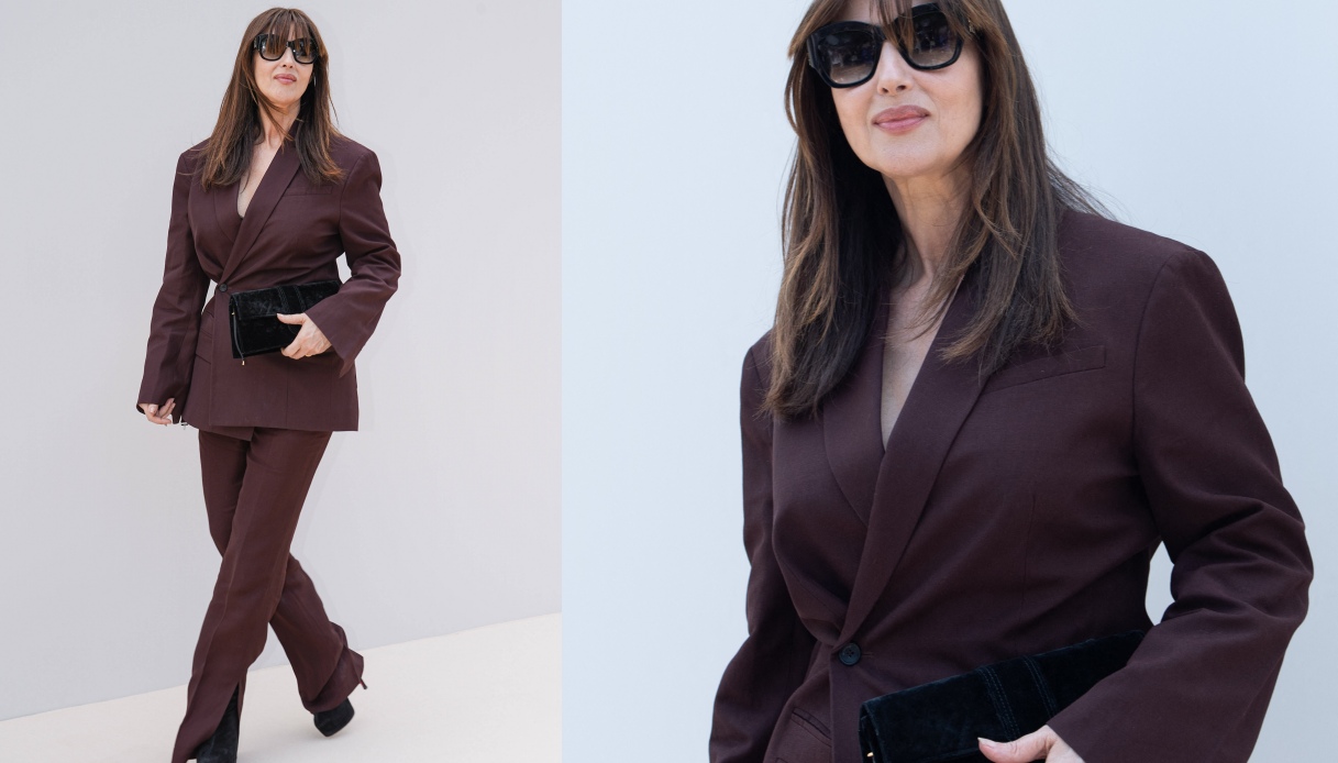 Monica Bellucci in tailleur Jacquemus color prugna