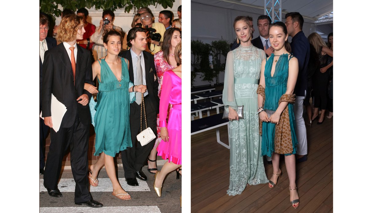 Charlotte Casiraghi con il fratello Andrea nel 2005 e Alexandra di Hannover insieme alla cognata Beatrice Borromeo con lo stesso abito nel 2019