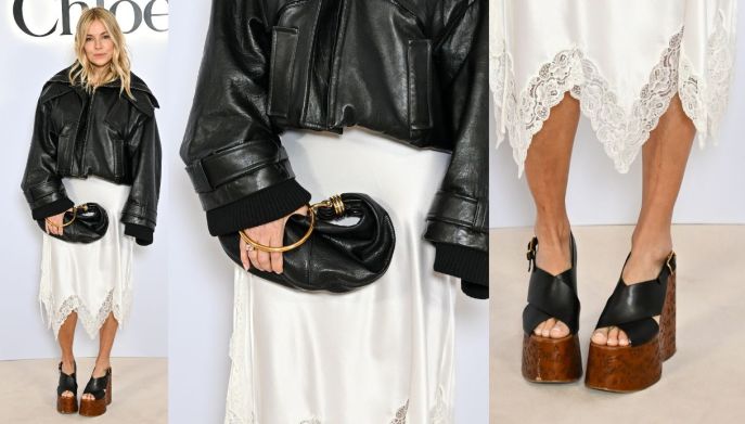 Dettagli look Sienna Miller per la sfilata di Cholè
