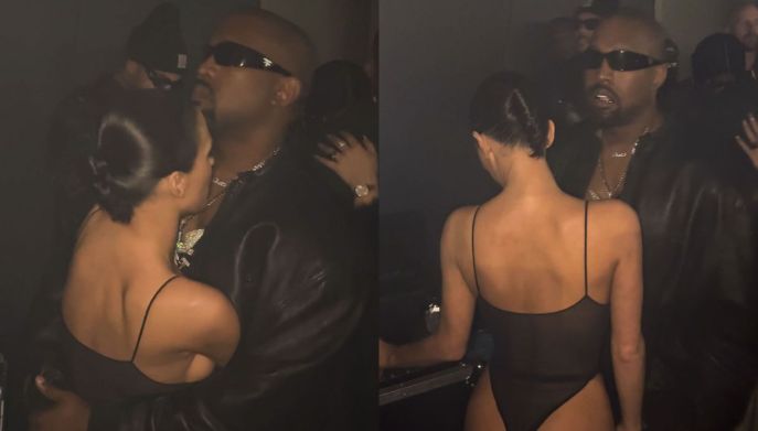 Bianca Censori e Kanye West all'after party dei Grammy. Lei indossa solo un body di tulle