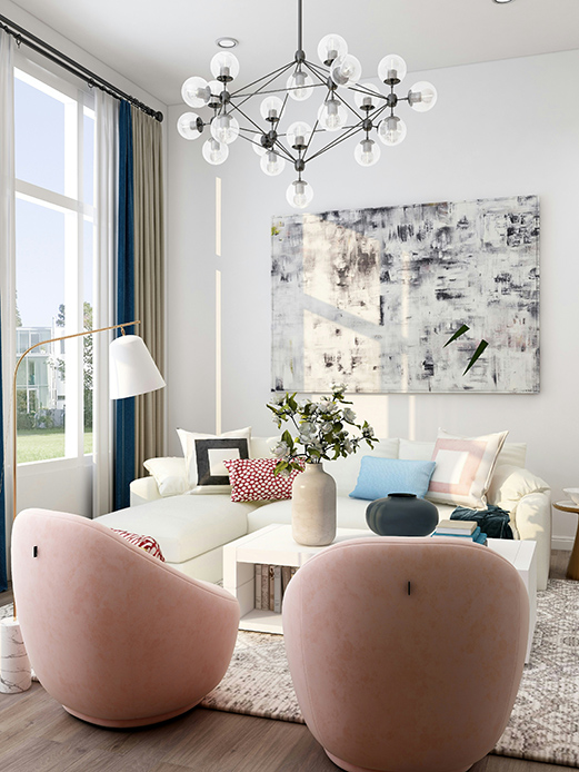 Un mix di luce naturale e lampade di design rende questo spazio luminoso, accogliente e ricco di personalità