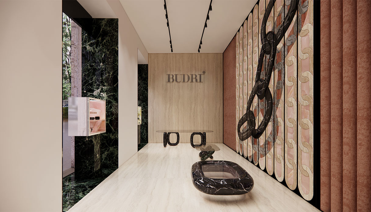 Lo showroom Budri a Milano durante la Design Week 2025: le pareti si trasformano in vetrine scenografiche per gli arredi della collezione Charme