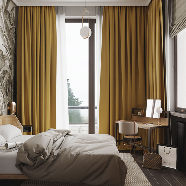 Camera da letto con tende giallo ocra
