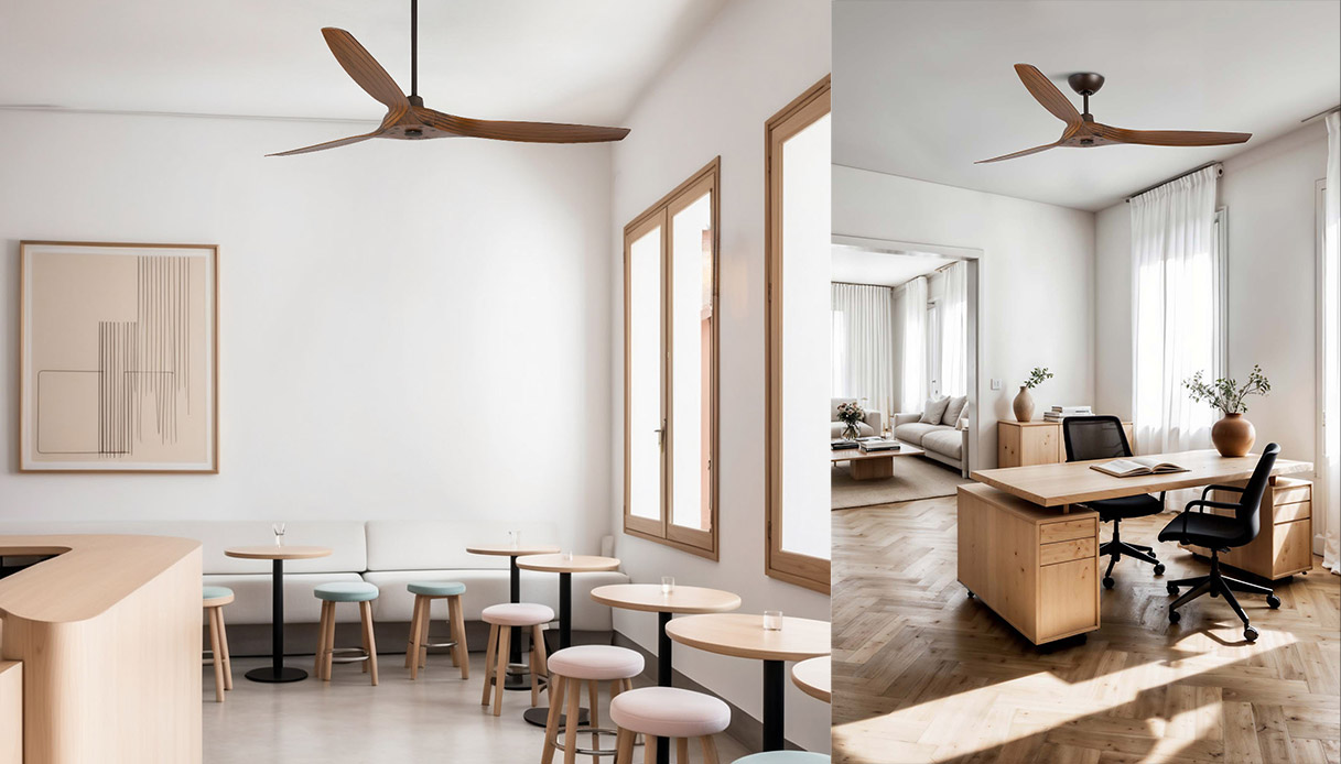 Ventilatore moderno Morea L di Faro Barcelona con pale effetto legno in studio e caffetteria