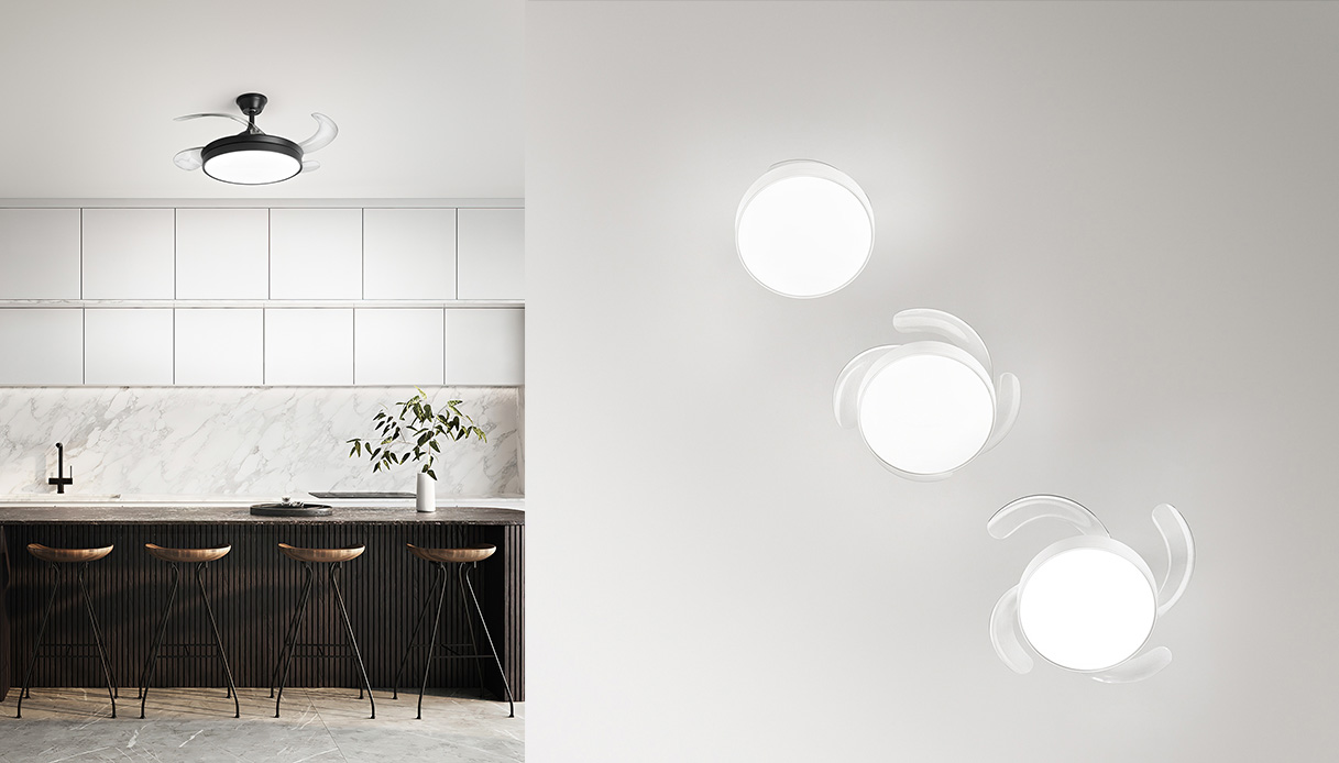 Ventilatore Open+ di Perenz con design compatto e luce LED in cucina minimal